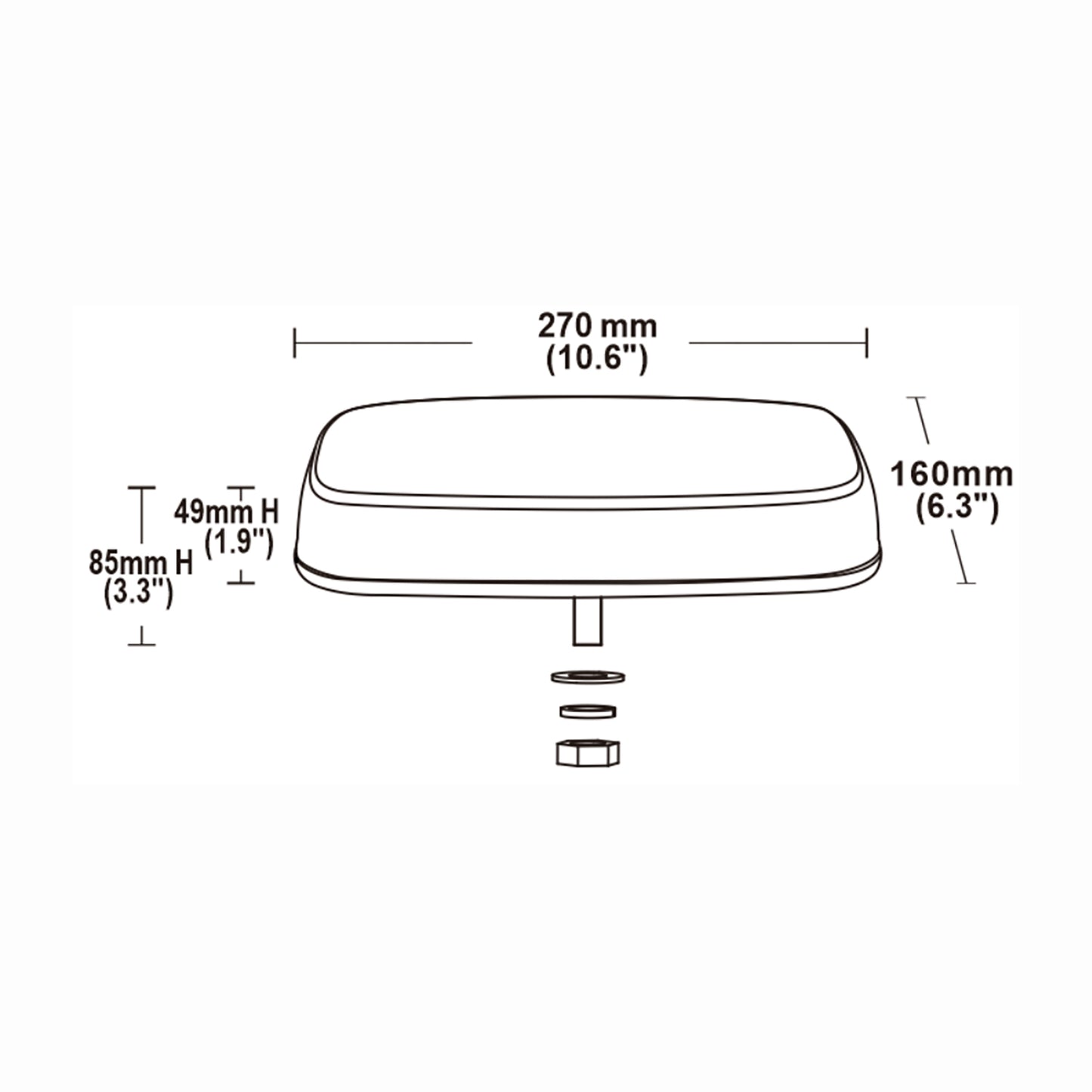 Technical drawing of a mini bar with dimensions labeled
