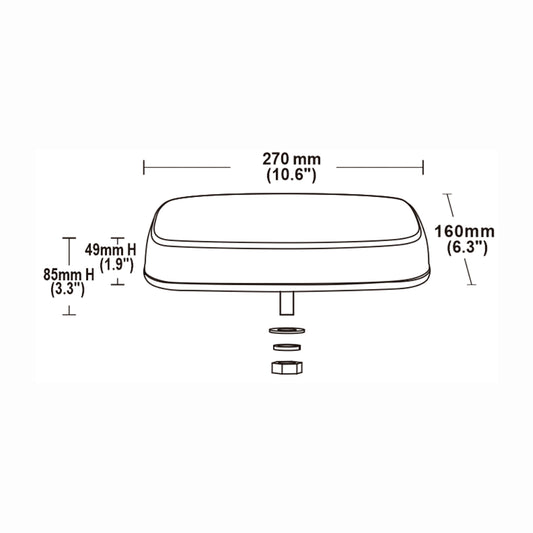 Technical drawing of a mini bar with dimensions labeled
