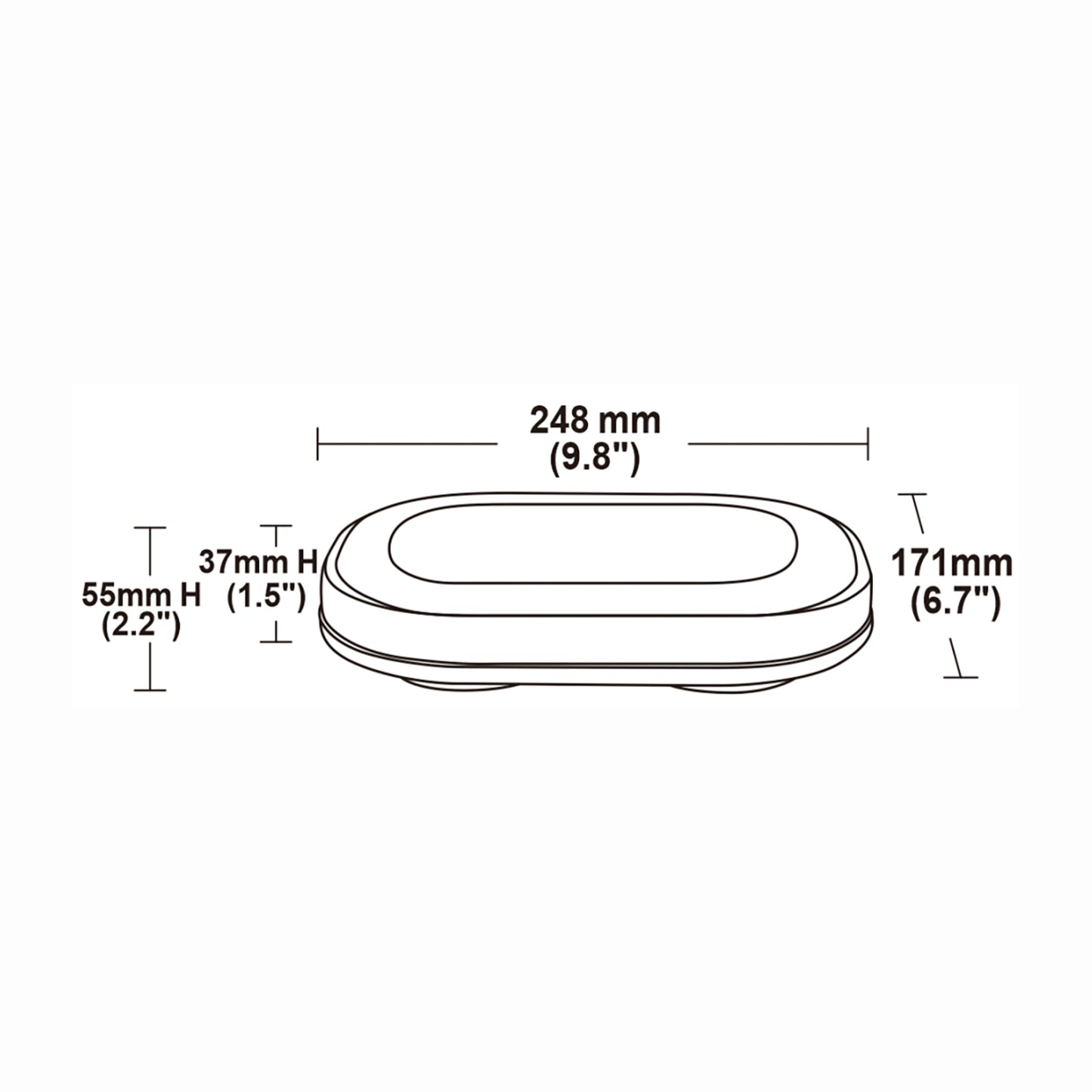 Measurement chart of a mini bar with dimensions labeled in millimeters and inches.