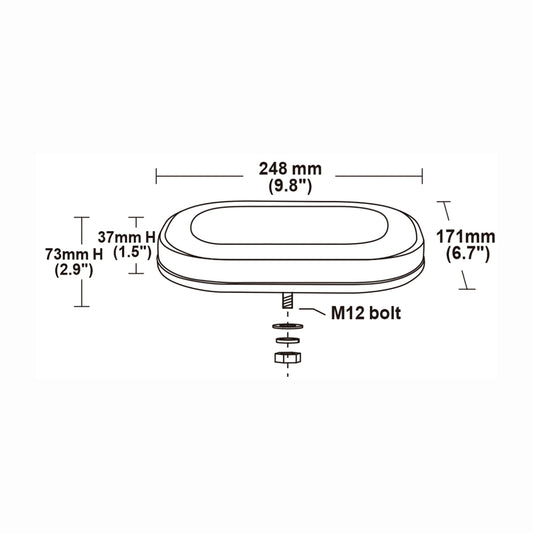 Technical drawing of a mini bar with dimensions on a white background.