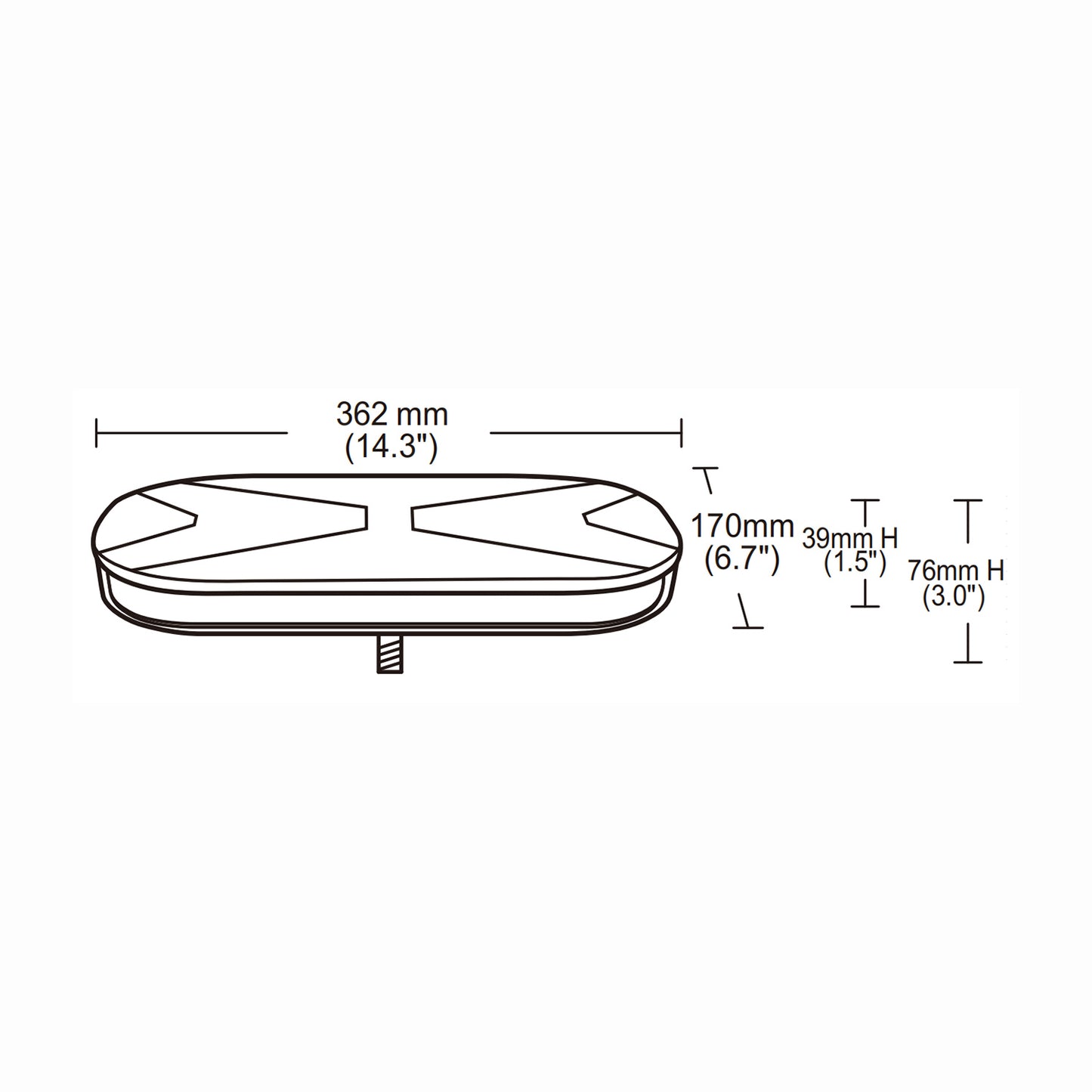 Technical drawing of a mini bar with dimensions labeled