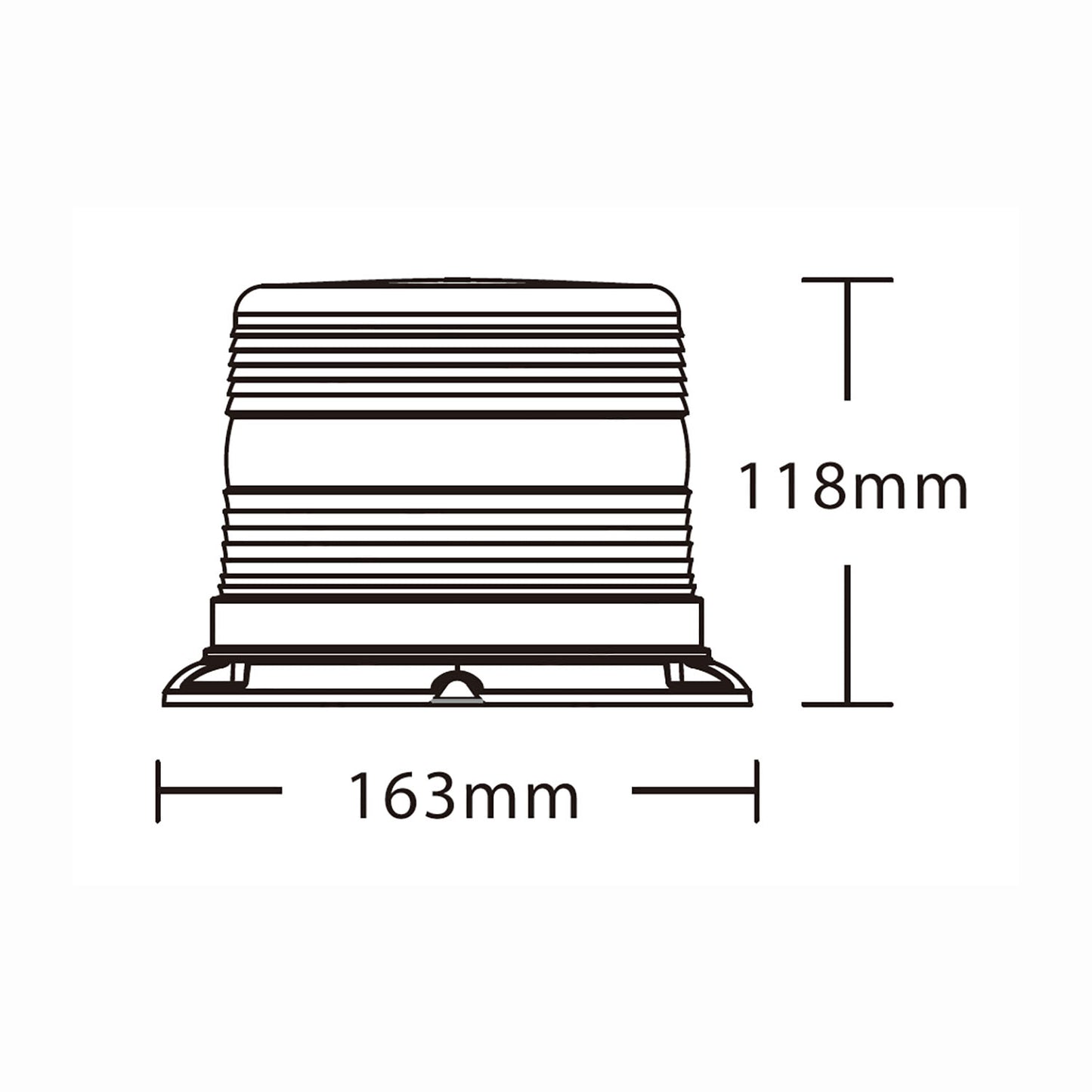Technical drawing of a warning light with dimensions labeled