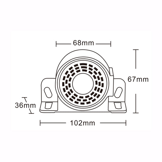 Technical drawing of an alarm with dimensions labeled