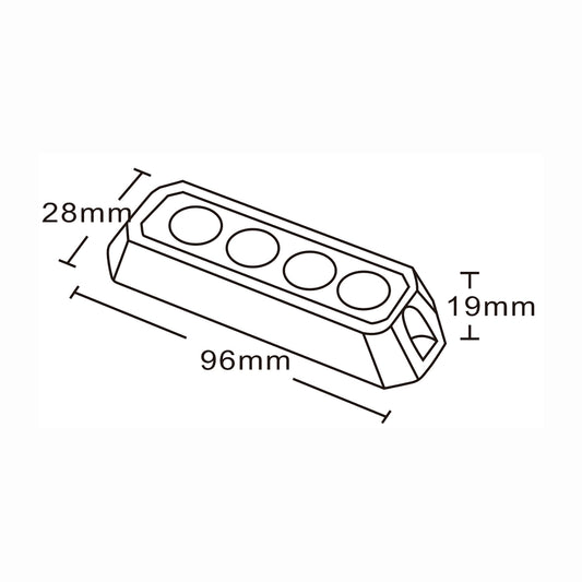 Technical drawing of a vehicle safety light with dimensions labeled