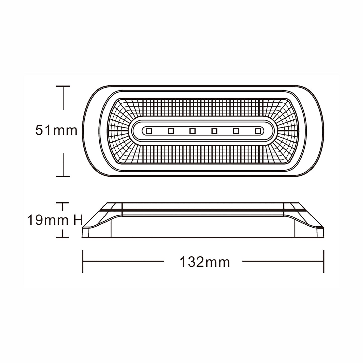 Technical drawing of a rectangular light fixture with dimensions labeled