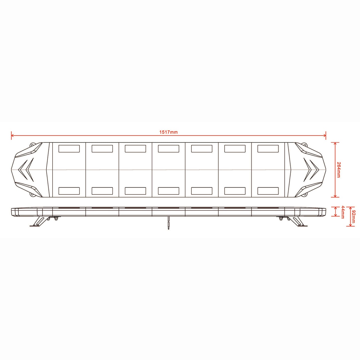 Technical drawing of a Light bar with dimensions on a white background