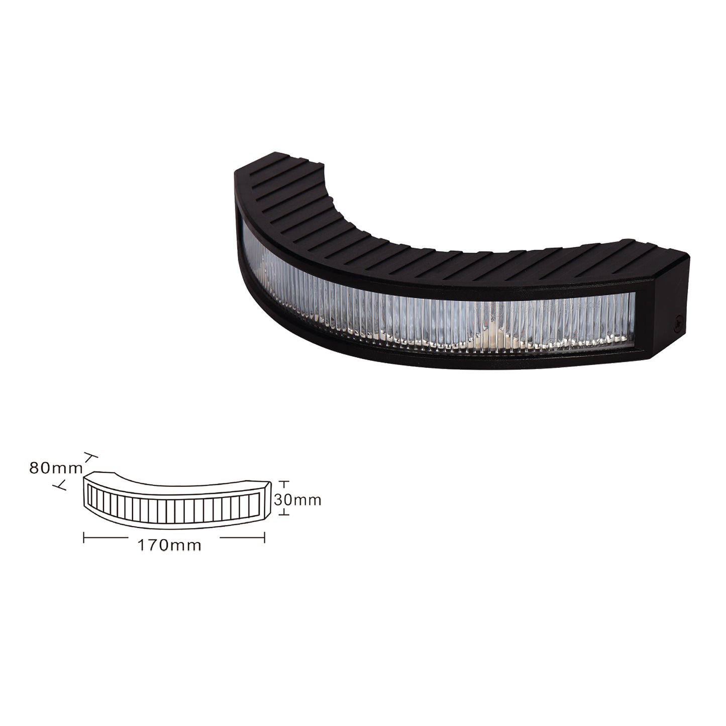 Black and clear LED light bar with dimensions on a white background