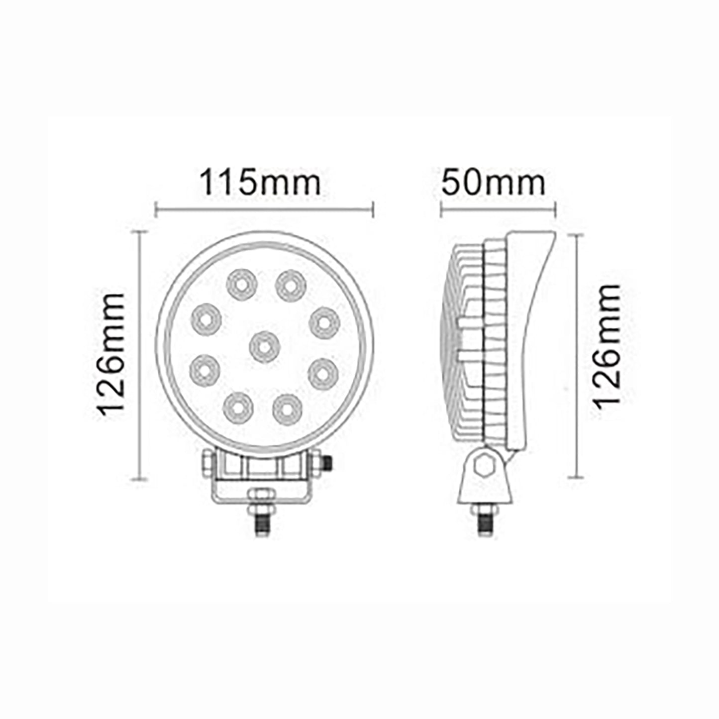 Measurement chart of a round LED light with dimensions labeled.