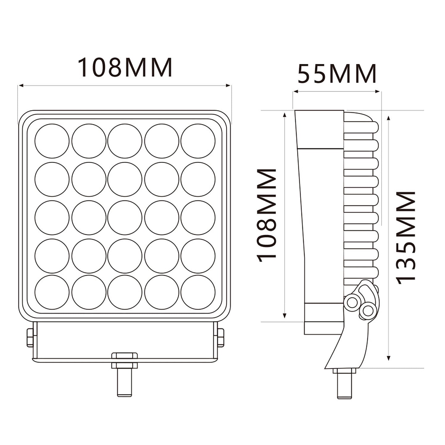Technical drawing of a work lamp with dimensions labeled