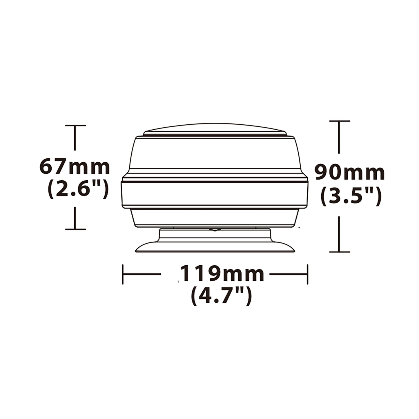 Measurement chart of a warning light with dimensions labeled in millimeters and inches.