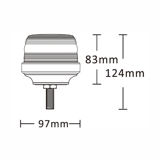 Technical drawing of a warning light with dimensions labeled