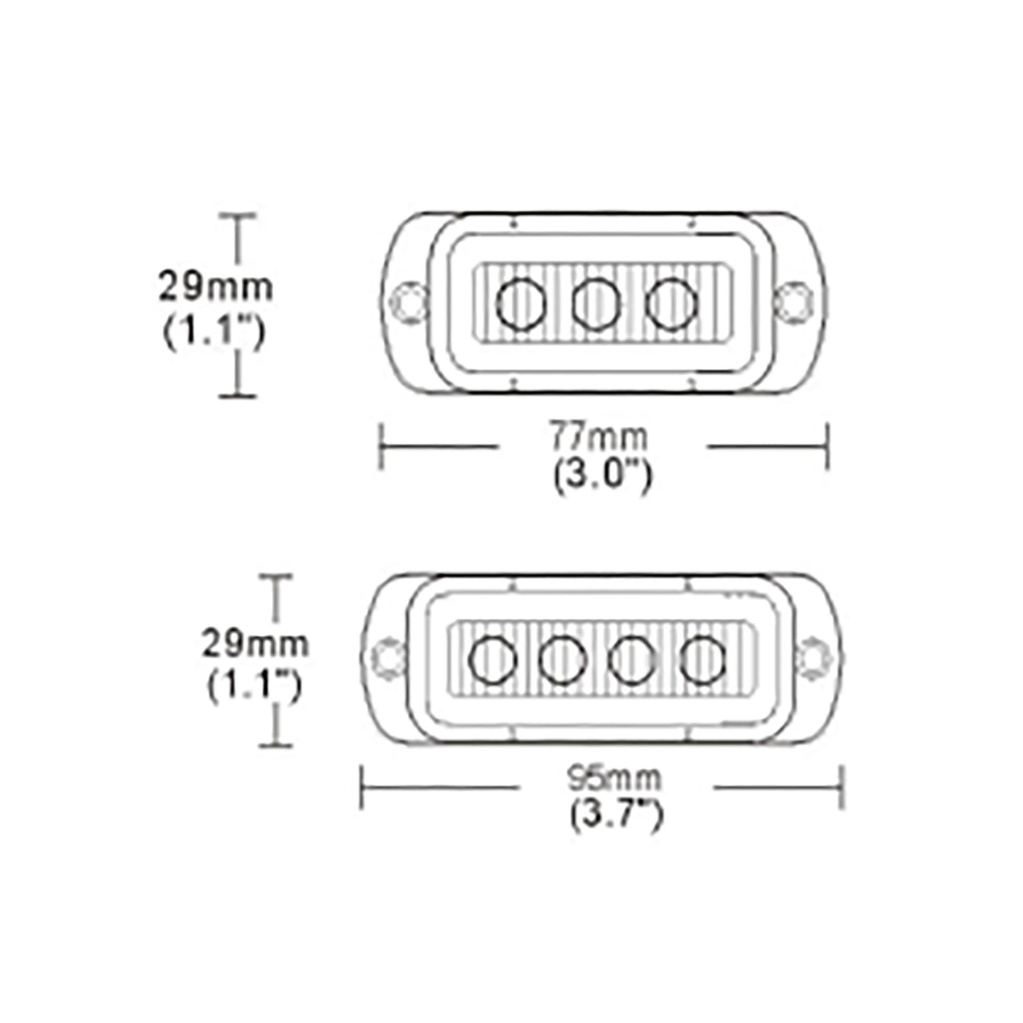 Technical drawing of an LED light bar with dimensions labeled