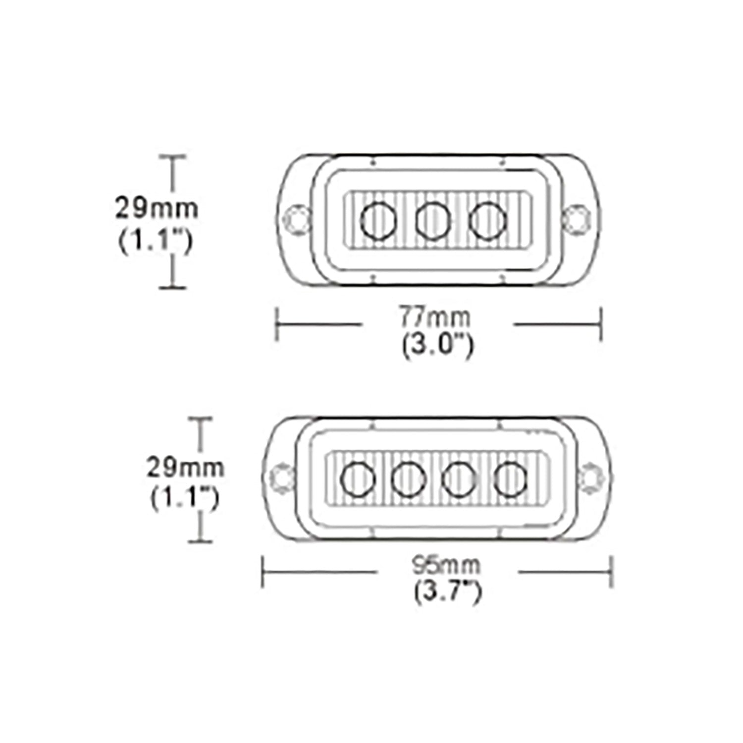 Technical drawing of an LED light bar with dimensions labeled