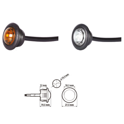 Two marker lights with dimensions on a white background