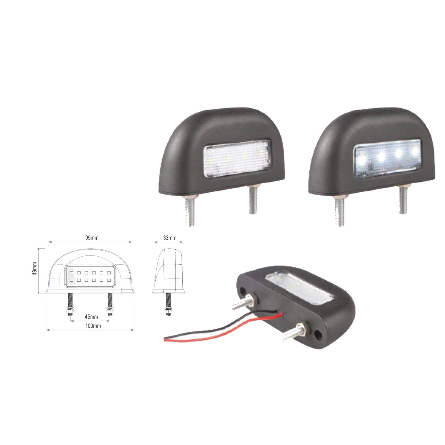 Two number plate lights with wiring diagram on a white background