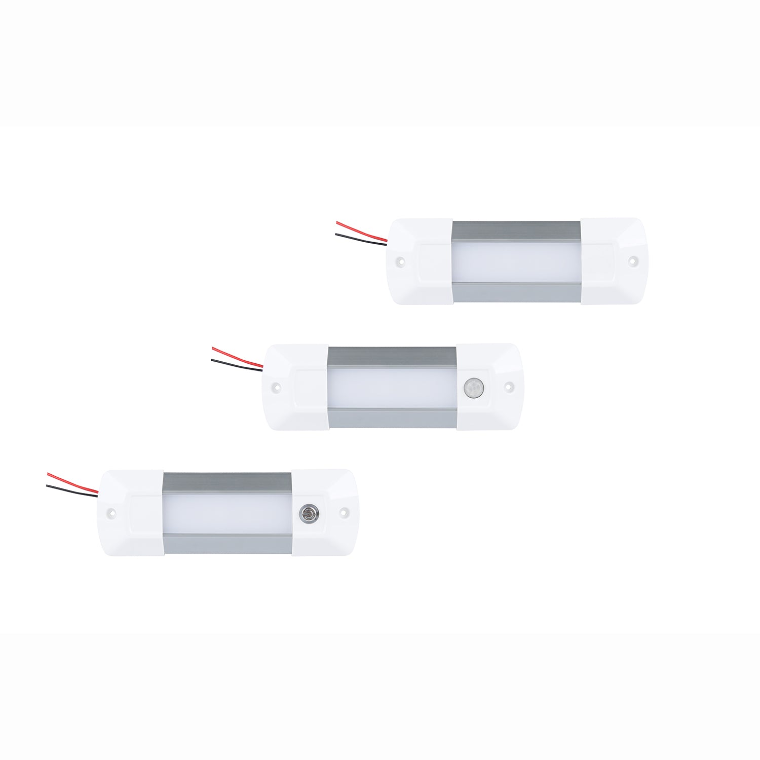 Three LED light strips with connectors on a white background