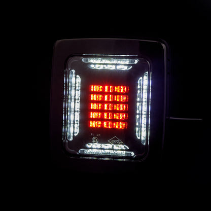 LED tail light with red and white lights on a black background