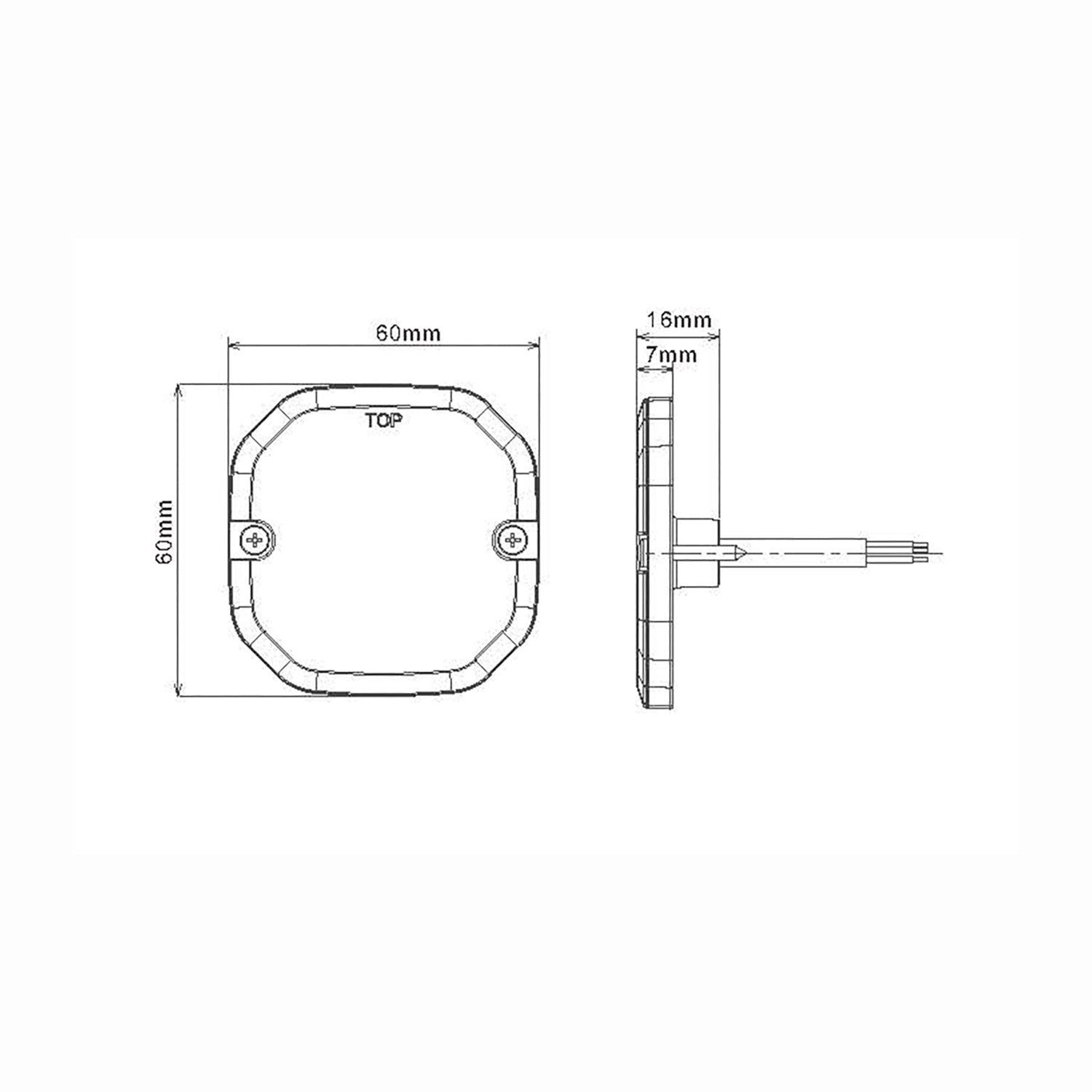 Technical drawing of a strobe light with dimensions labeled