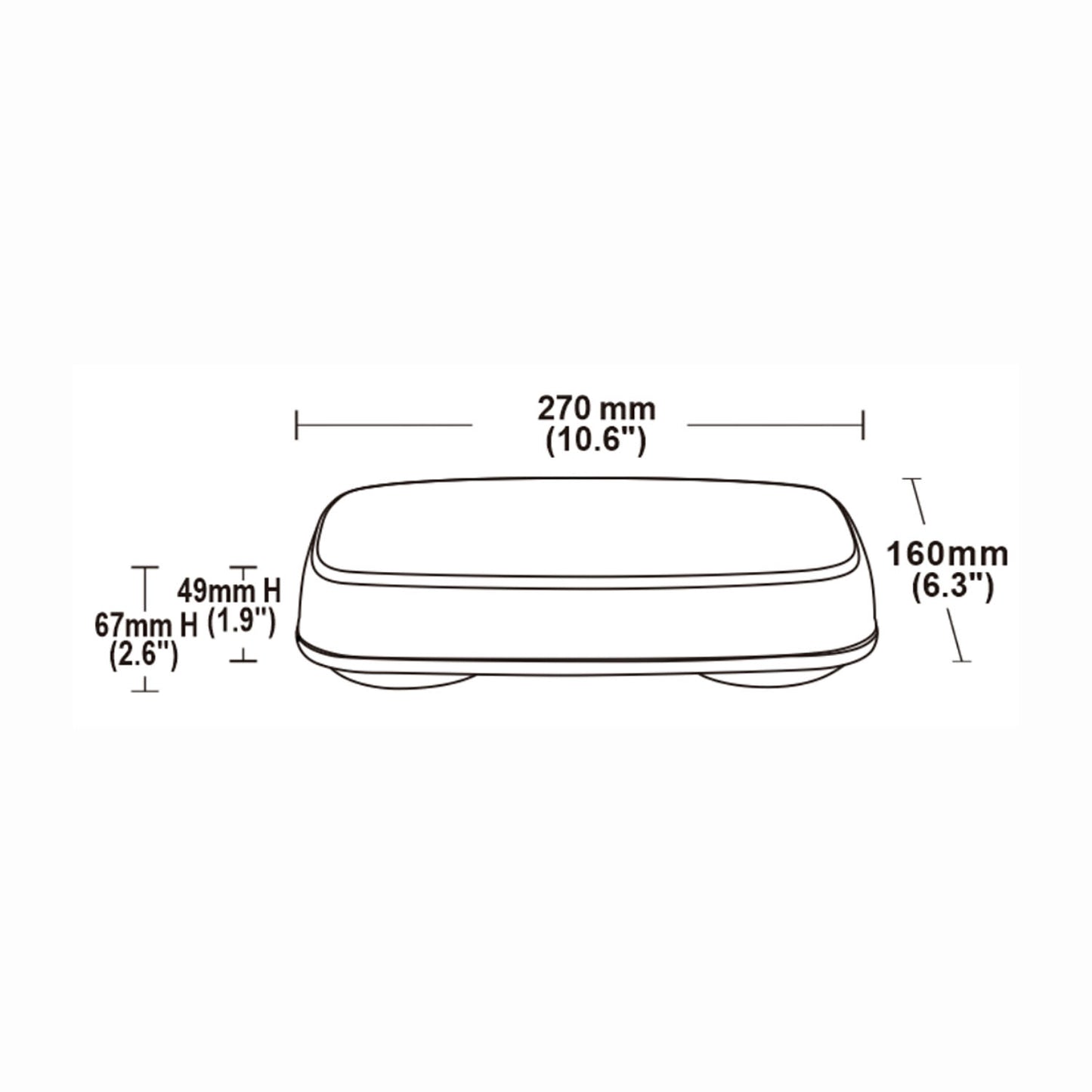 Technical drawing of a mini bar with dimensions labeled