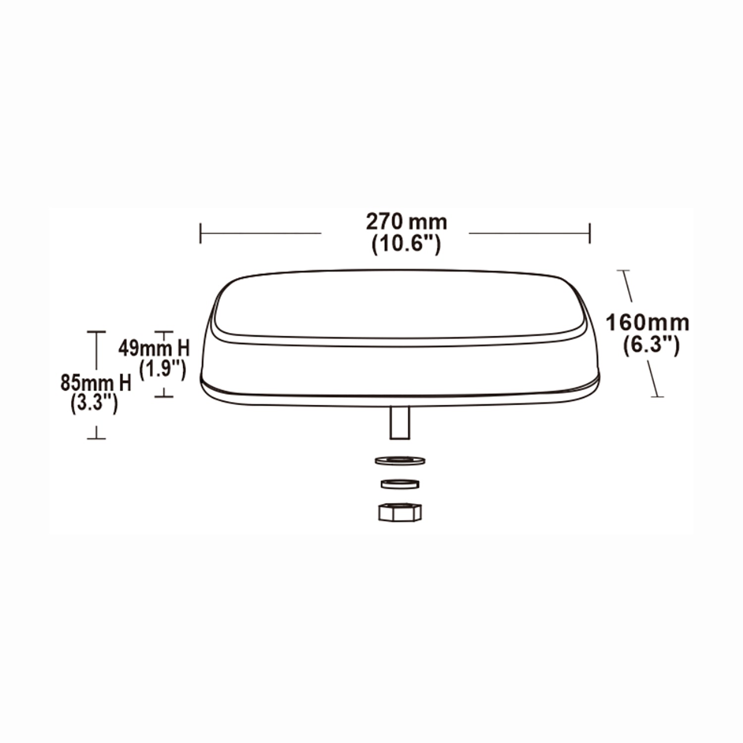 Technical drawing of a mini bar with dimensions labeled