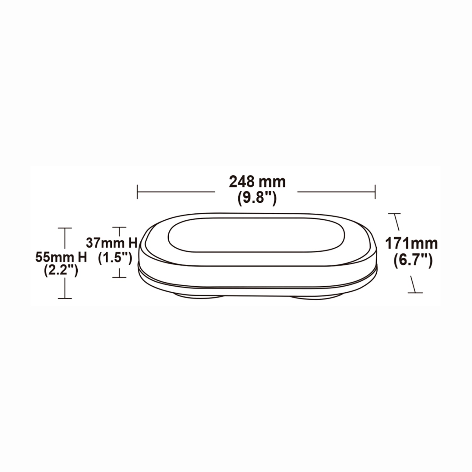 Measurement chart of a mini bar with dimensions labeled in millimeters and inches.