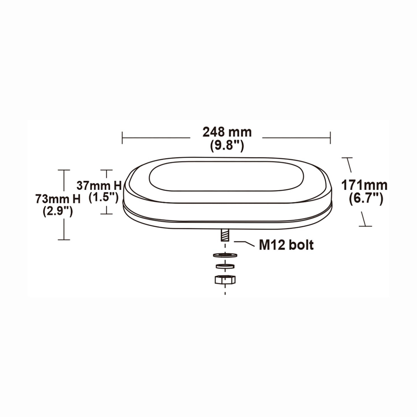 Technical drawing of a mini bar with dimensions on a white background.