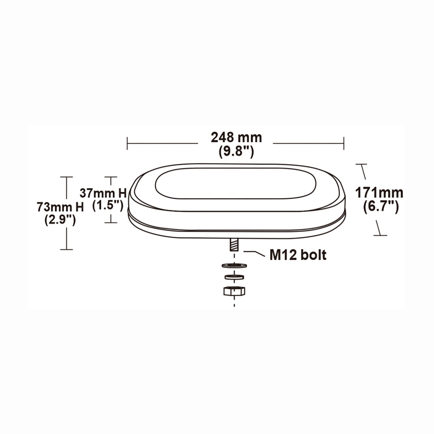 Technical drawing of a mini bar with dimensions on a white background.