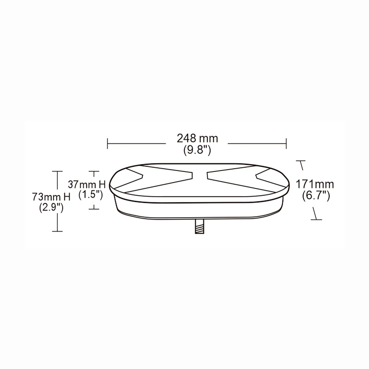 Technical drawing of a mini bar with dimensions labeled