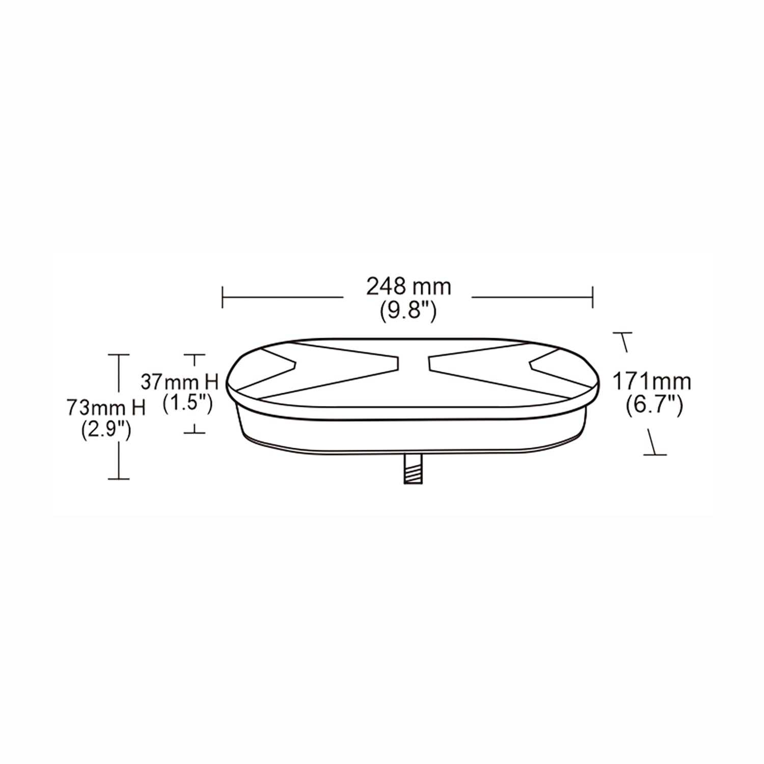 Technical drawing of a mini bar with dimensions labeled