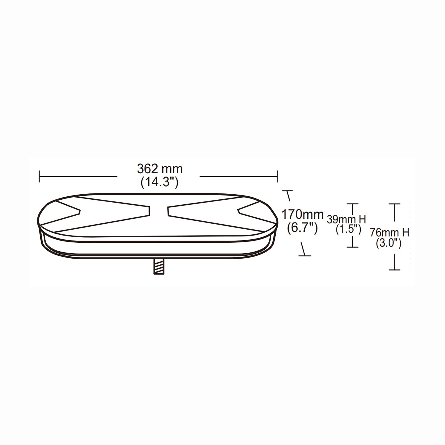 Technical drawing of a mini bar with dimensions labeled