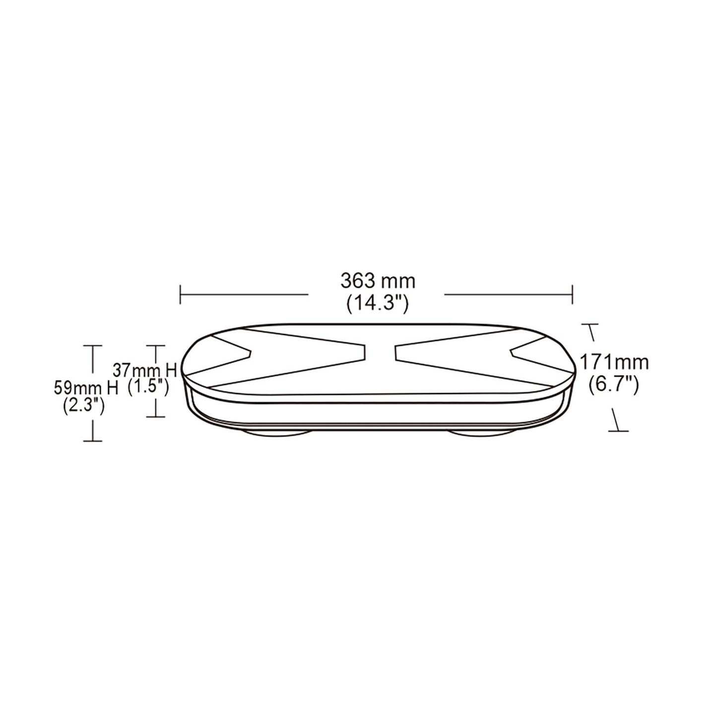 Technical drawing of a mini bar with dimensions labeled