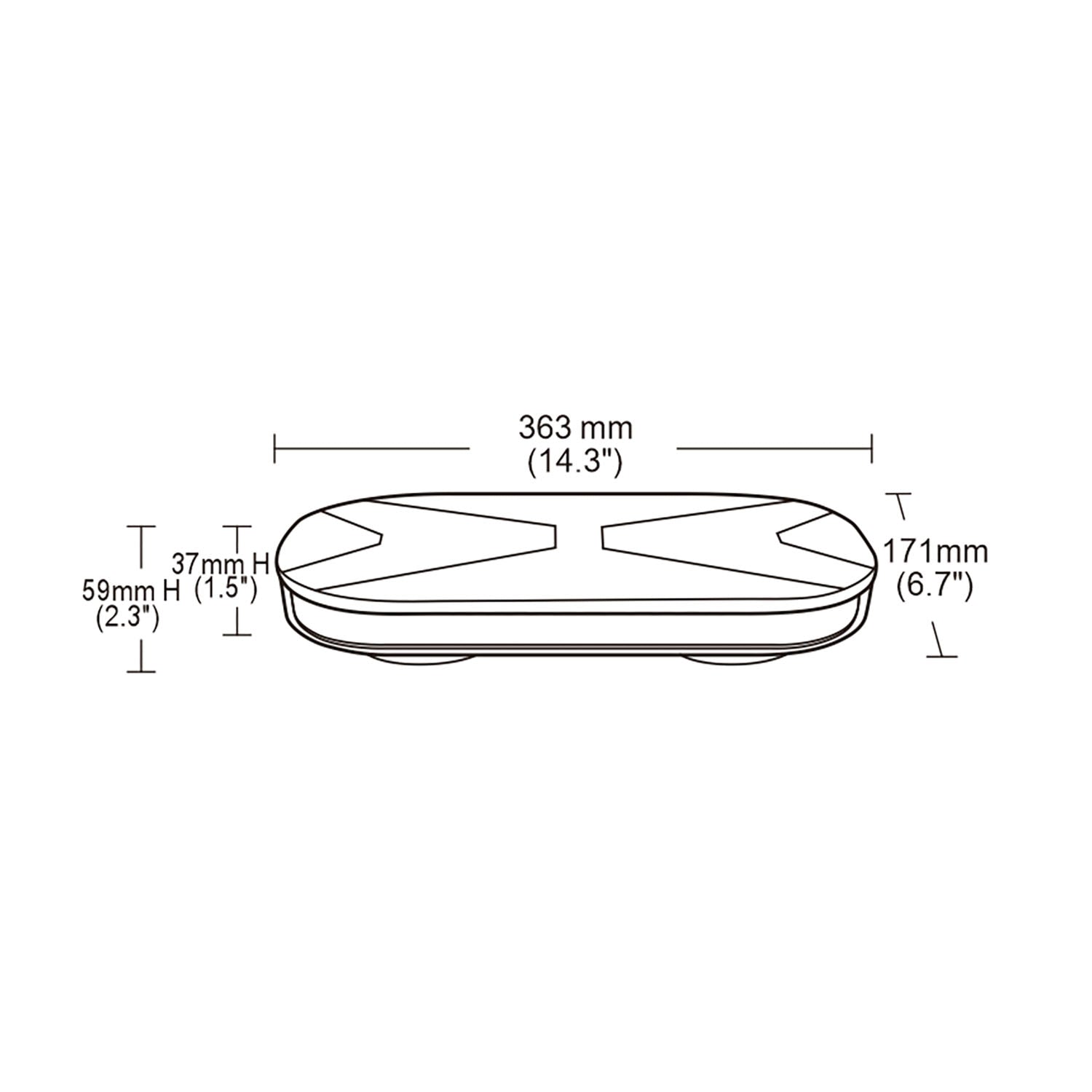 Technical drawing of a mini bar with dimensions labeled