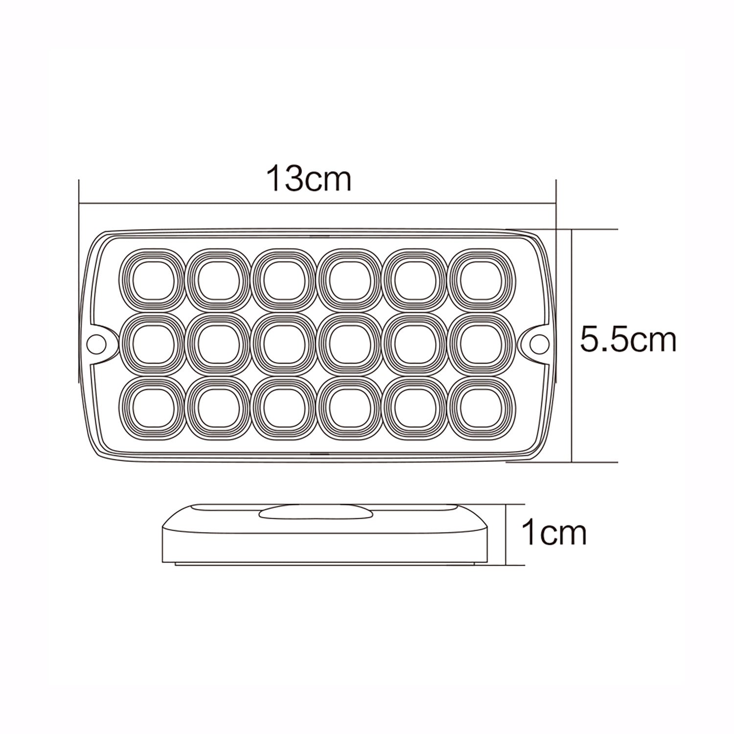 Technical drawing of a rectangular light bar with dimensions labeled