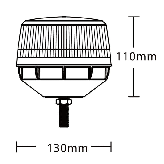 Technical drawing of a warning light with dimensions labeled