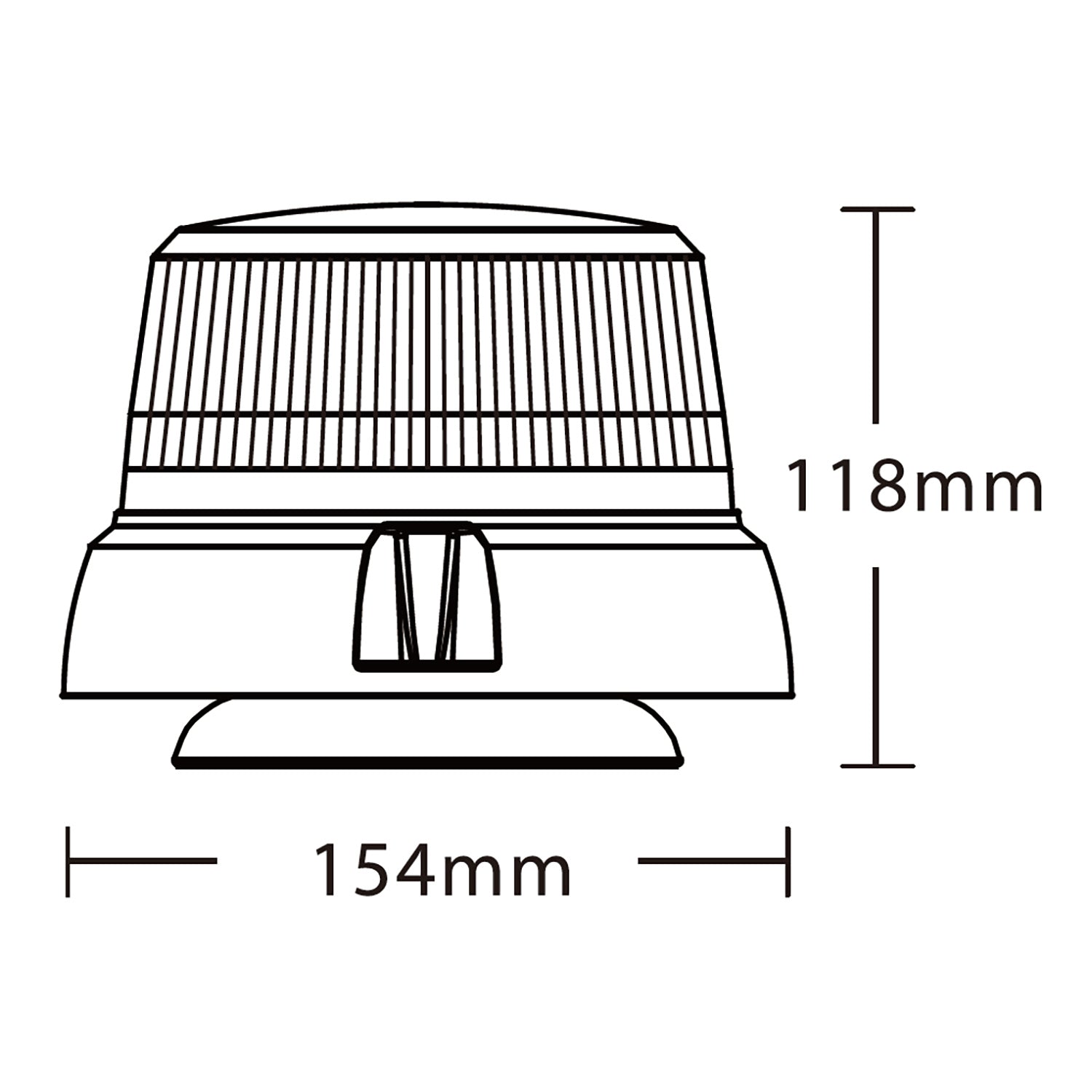Technical drawing of a warning light with dimensions labeled