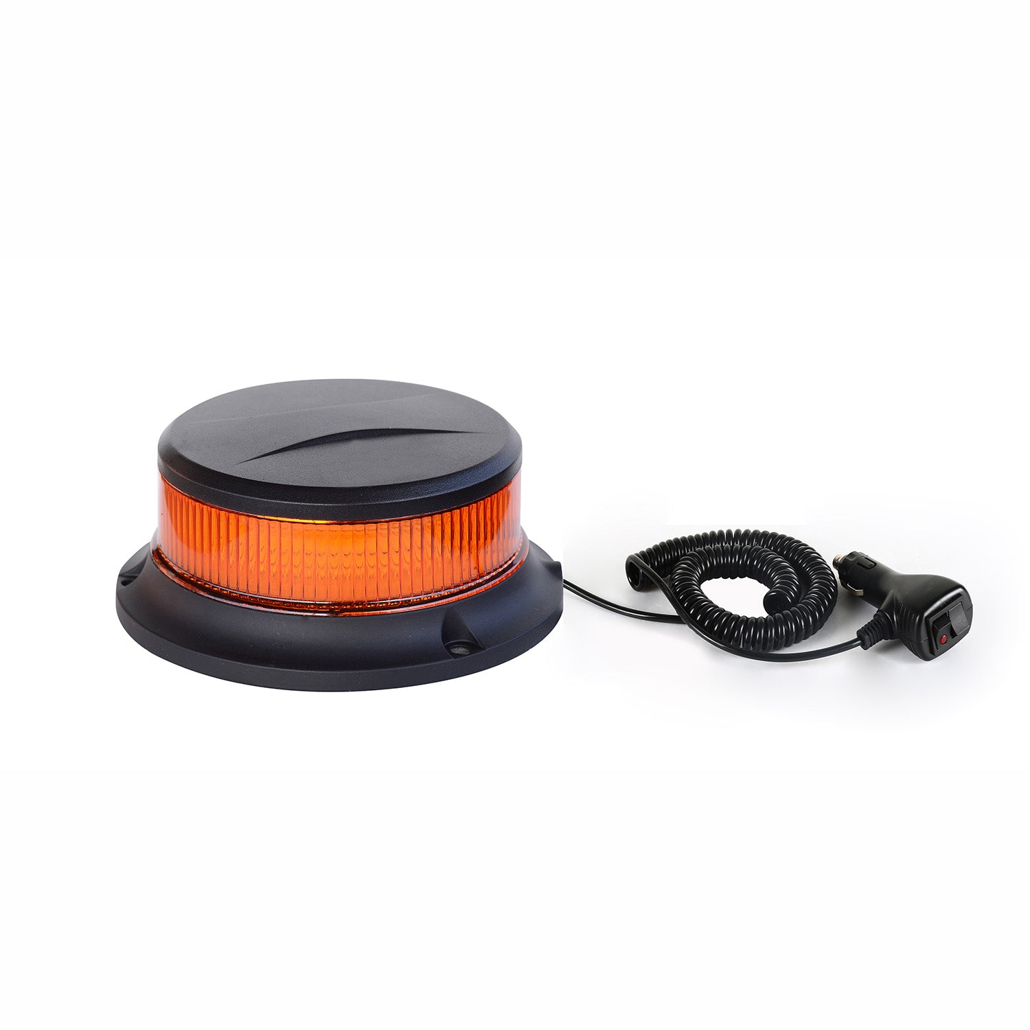 Orange warning light with black base on a white background