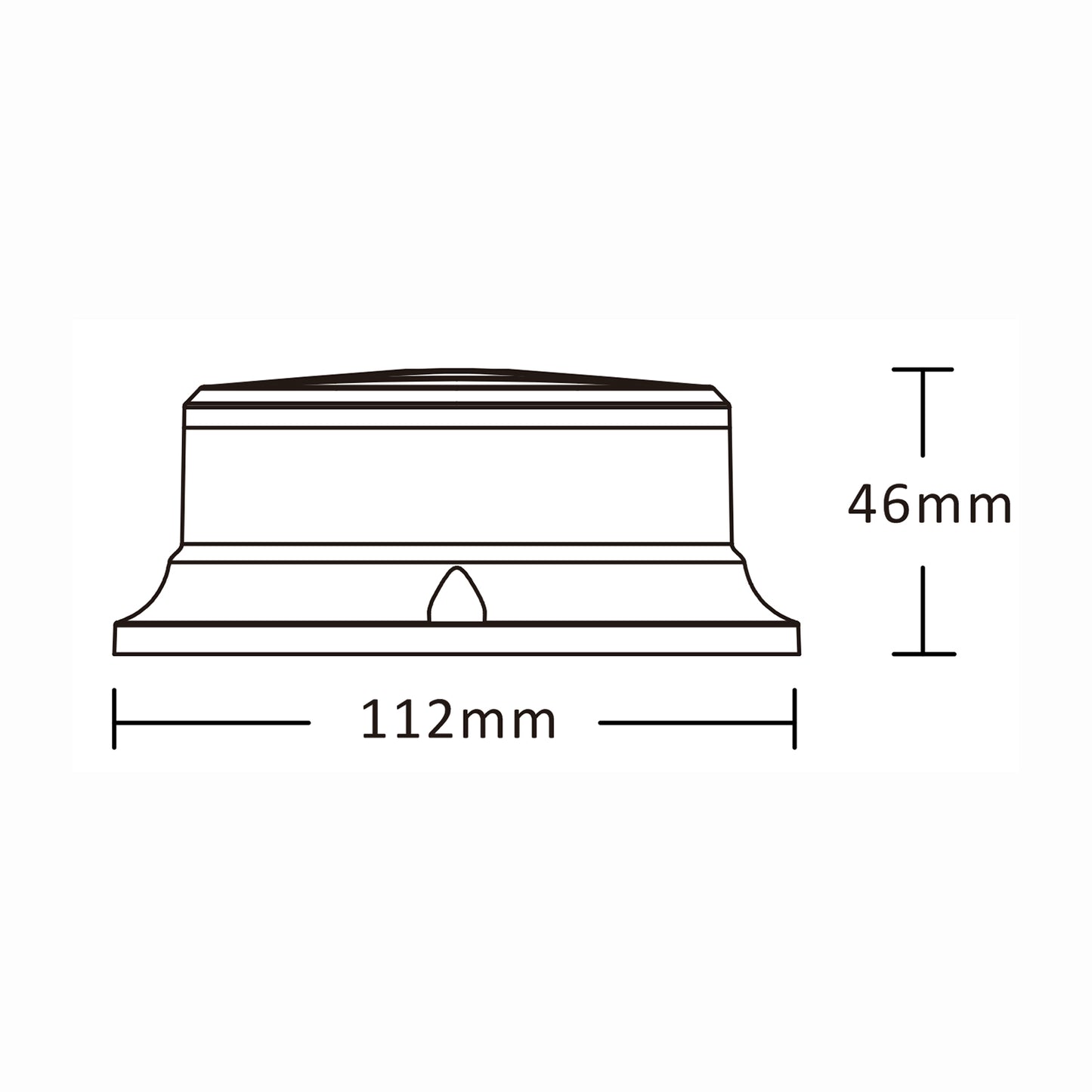 Technical drawing of a warning light with dimensions labeled
