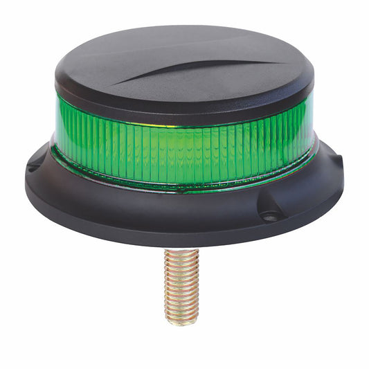 Green LED warning light with black casing on a white background