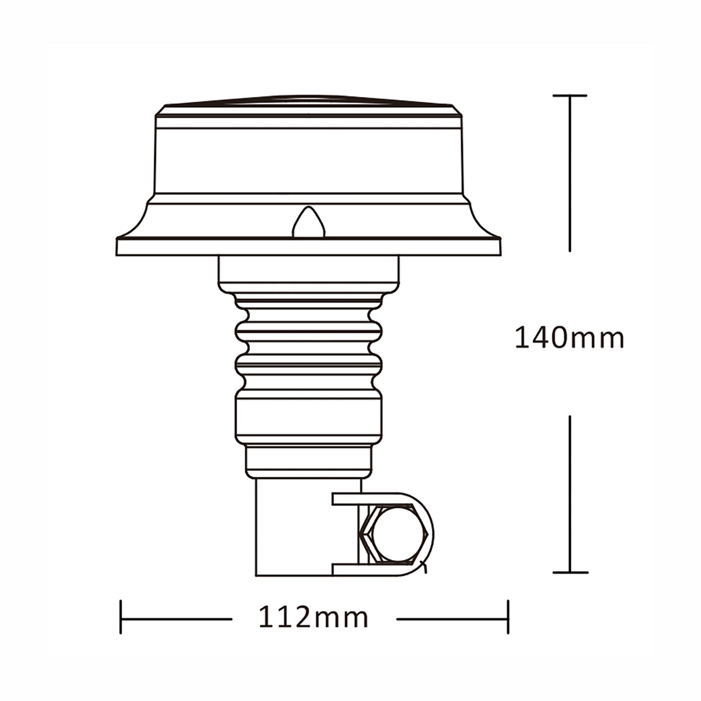 Technical drawing of a warning light with dimensions labeled