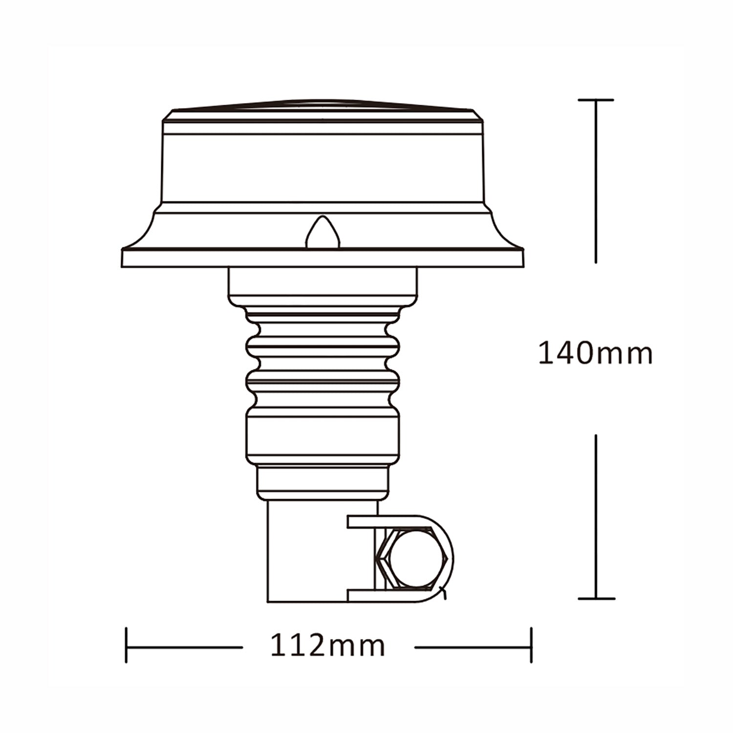 Technical drawing of a warning light with dimensions labeled