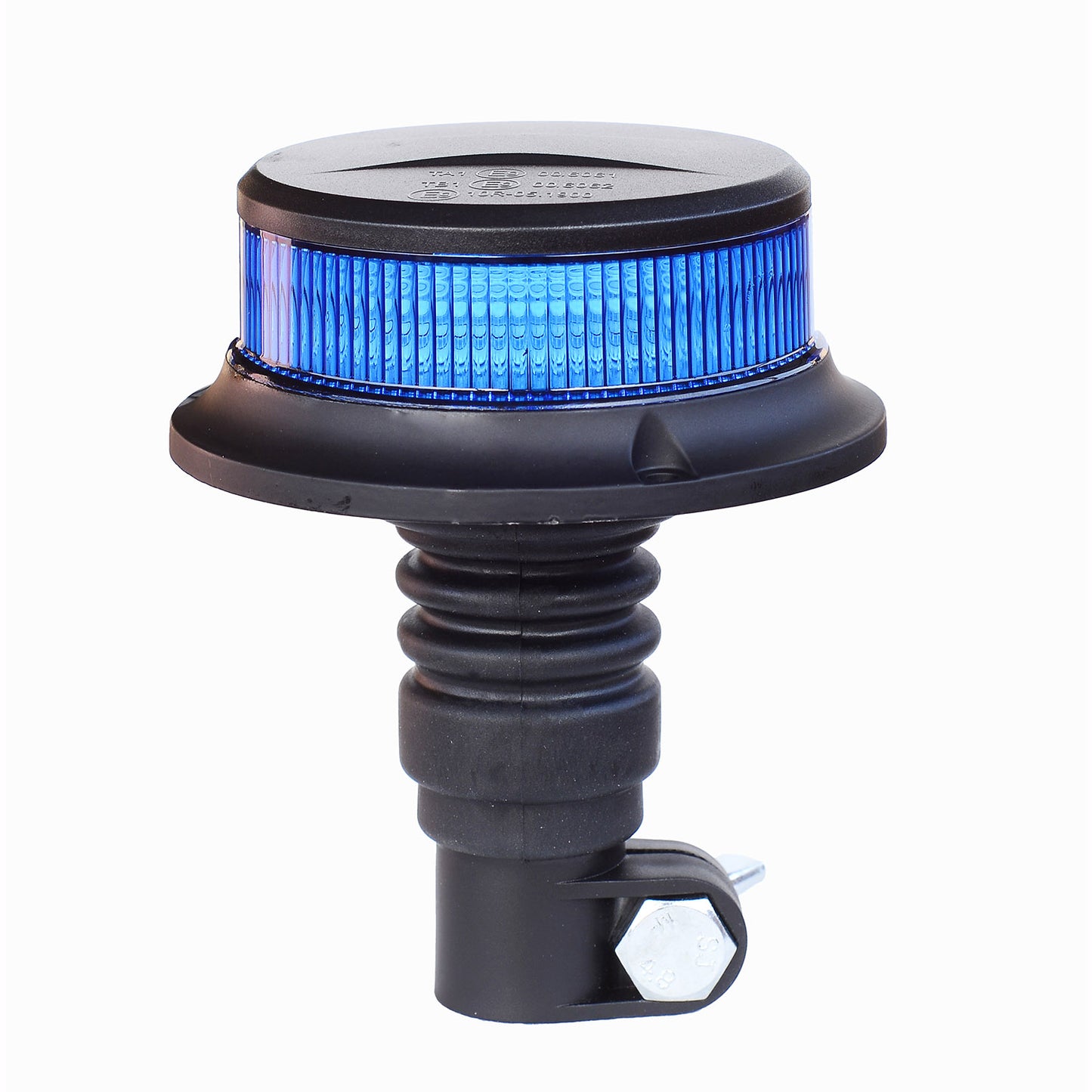 Blue LED warning light on a white background
