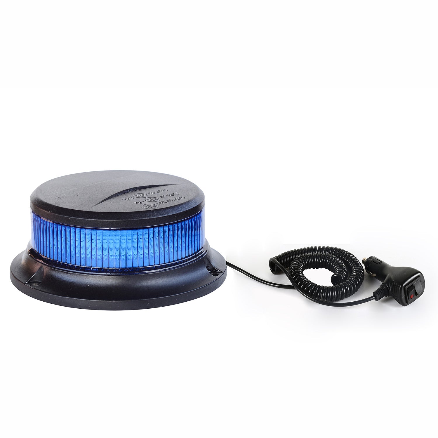 Blue rotating light with black base and coiled cable on a white background