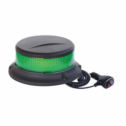 Green rotating light with black base and coiled cable on a white background