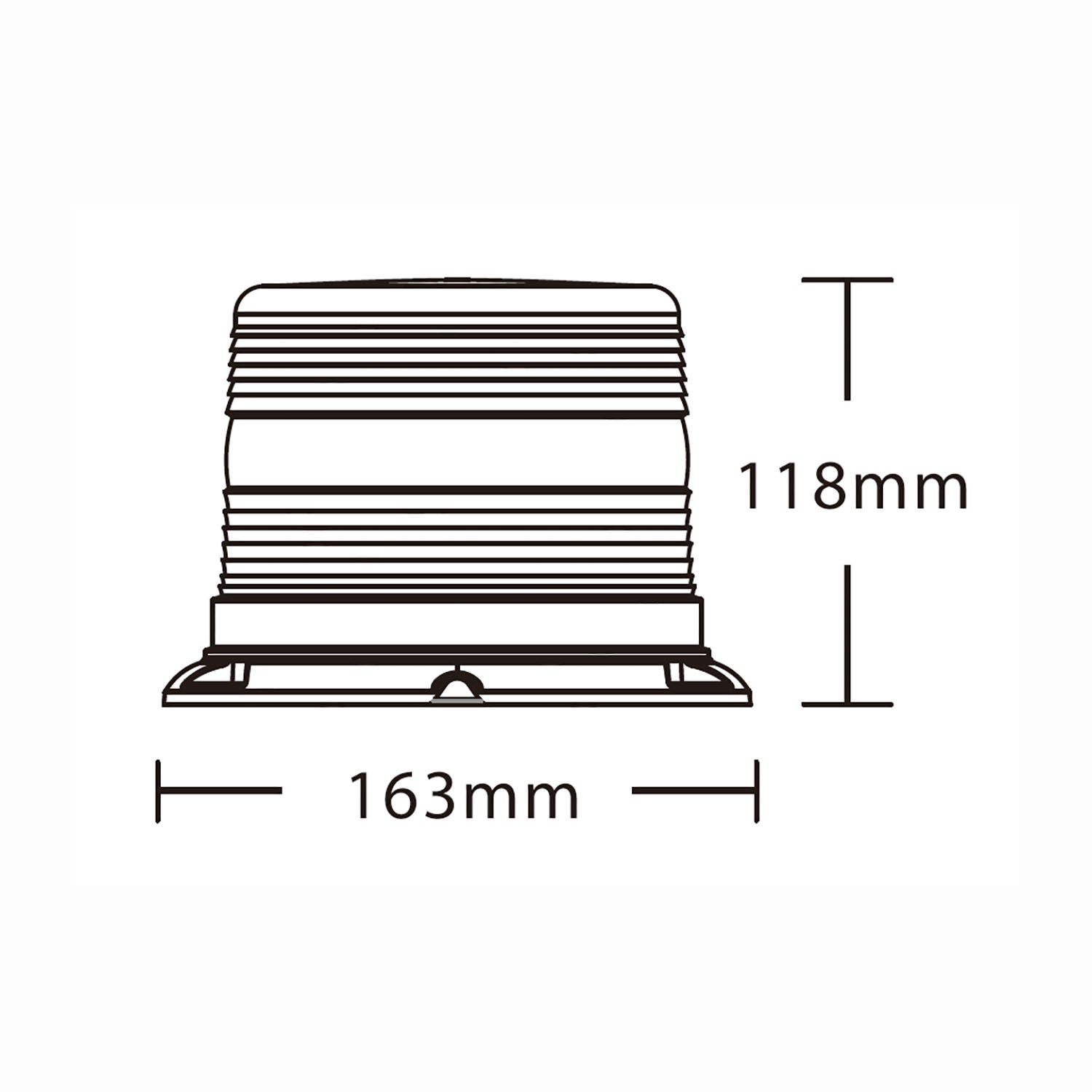 Technical drawing of a warning light with dimensions labeled