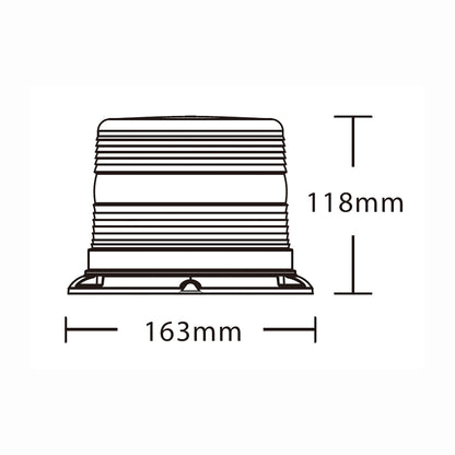Technical drawing of a warning light with dimensions labeled