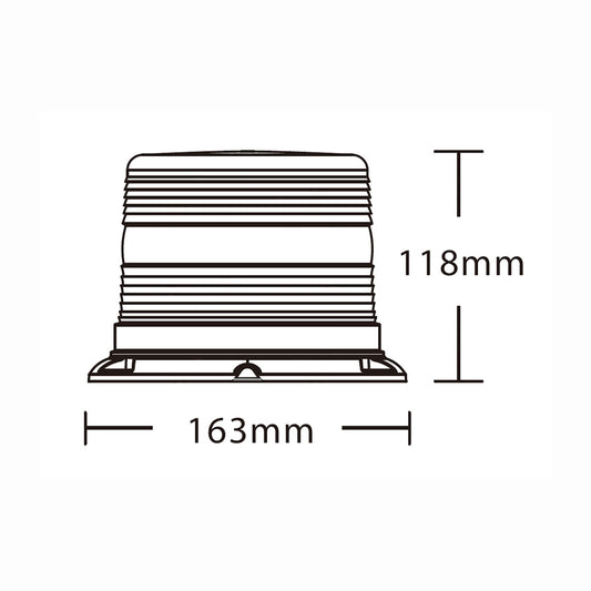 Technical drawing of a warning light with dimensions labeled
