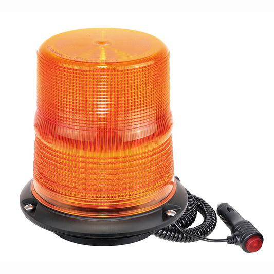 Orange warning light with coiled cable and red button on a white background