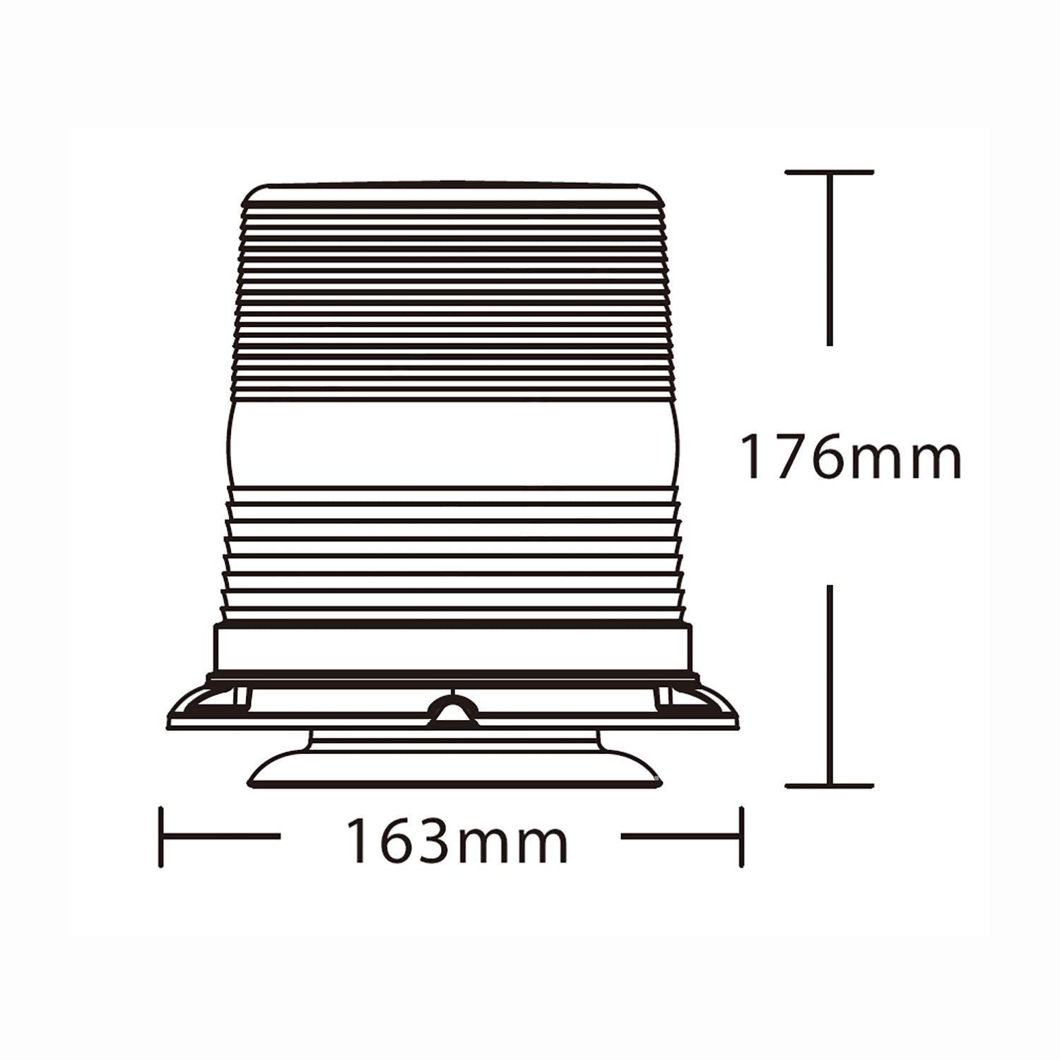 Technical drawing of a warning light with dimensions labeled