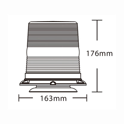 Technical drawing of a warning light with dimensions labeled
