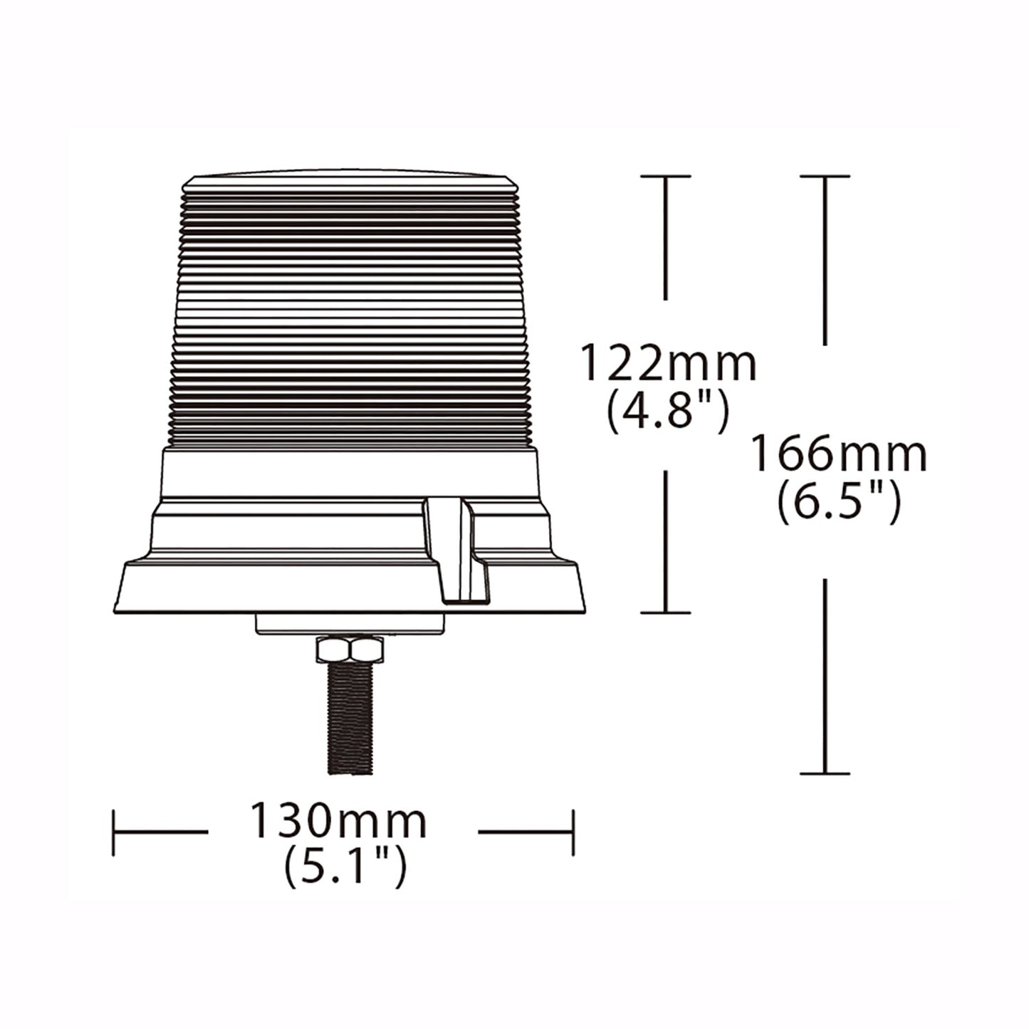 Technical drawing of a warning light with dimensions labeled